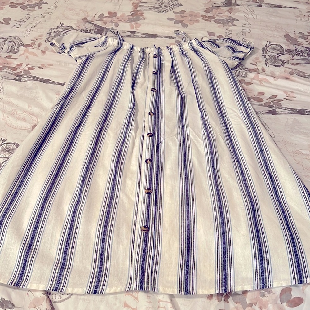 Small white sundress with blue stripes